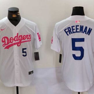 Men's Los Angeles Dodgers #5 Freddie Freeman White Pink Vin & Kobe Patch Stitched Baseball Jersey1
