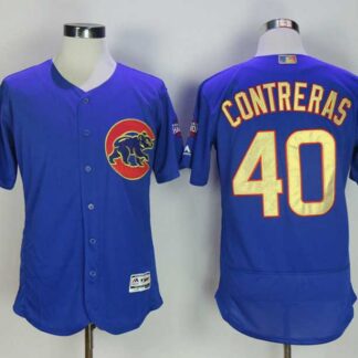 Chicago Cubs #40 Willson Contreras Blue World Series Champions Gold Program Flexbase Jersey