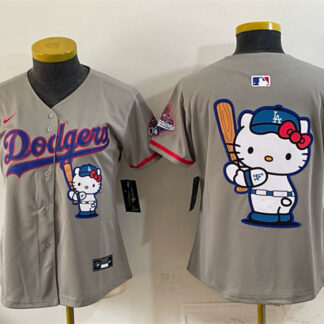 Women's Los Angeles Dodgers Team Big Logo Grey Hello Kitty Night 2025 World Series Champions Patch Stitched Basebal...