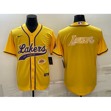 Men's Los Angeles Lakers Yellow Big Logo With Patch Cool Base Stitched Baseball Jersey B7N2
