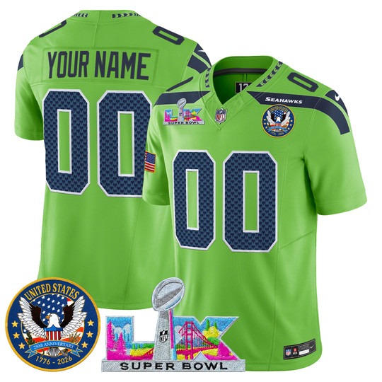 Men & Women & Youth Seattle Seahawks Custom Green 2026 Super Bowl LX & United States 250th Patch F.U.S.E. Vapor Lim...