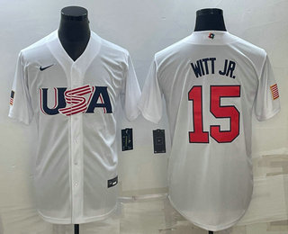 Men’s USA Baseball #15 Bobby Witt Jr 2023 White World Baseball Classic Replica Stitched Jersey