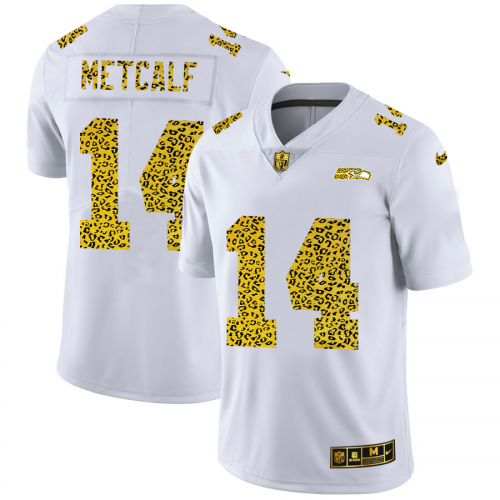Seattle Seahawks #14 DK Metcalf Men’s Nike Flocked Leopard Print Vapor Limited NFL Jersey White