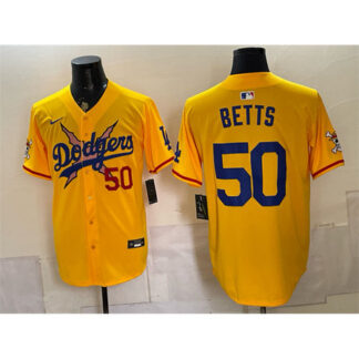 Men's Los Angeles Dodgers x One Piece #50 Mookie Betts Yellow Vapor Premier Limited Baseball Jersey