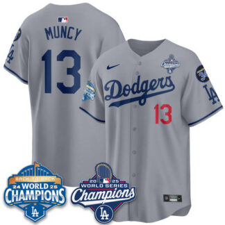 Men's Los Angeles Dodgers #13 Max Muncy Gray 2025 World Series Champions Jersey