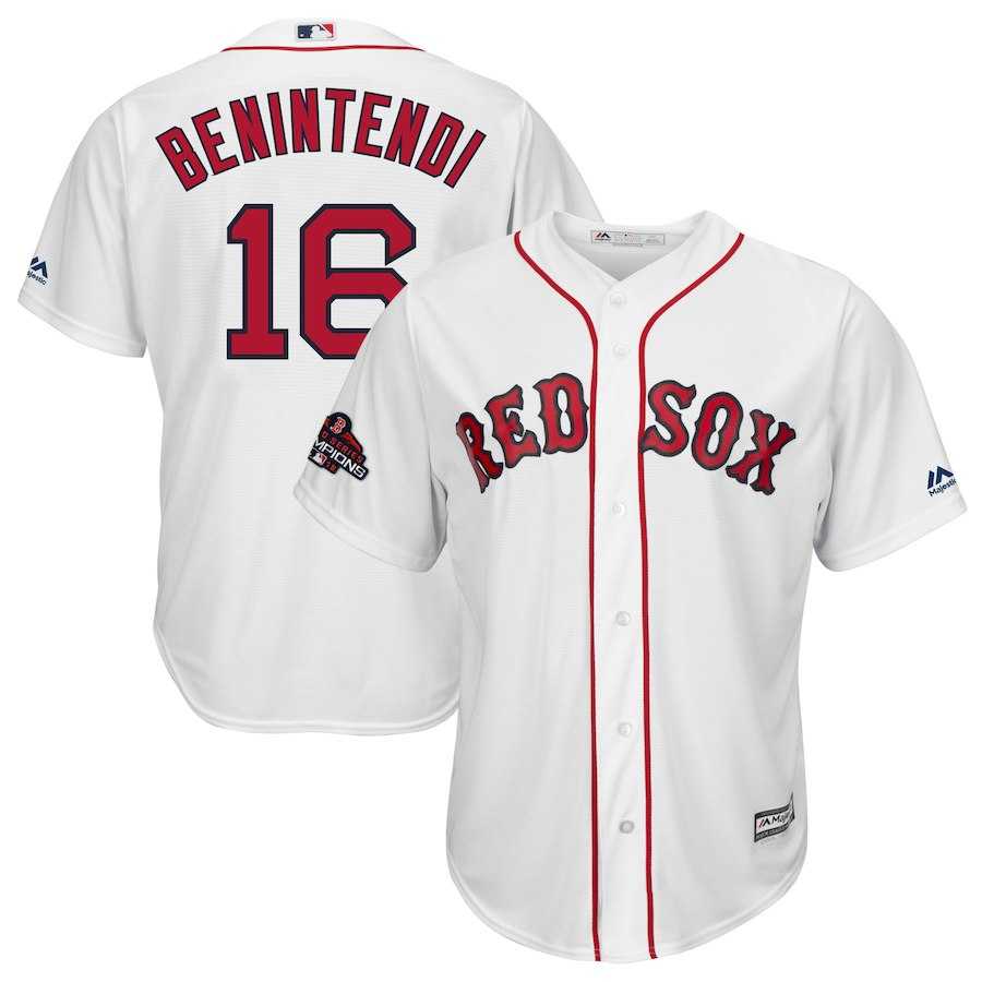 Red Sox 16 Andrew Benintendi White 2018 World Series Champions Team Logo Player Jersey Dzhi