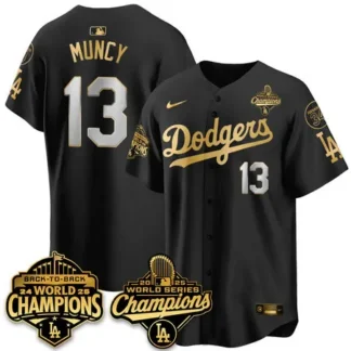 Men's Los Angeles Dodgers #13 Max Muncy Black 2025 World Series Champions Jersey