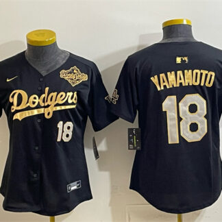 Women's Los Angeles Dodgers #18 Yoshinobu Yamamoto Black Gold 2025 World Series Patch Limited Stitched Baseball Jer...