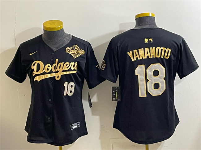 Women's Los Angeles Dodgers #18 Yoshinobu Yamamoto Black Gold 2025 World Series Patch Limited Stitched Baseball Jer...