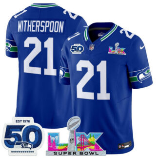 Men's Seattle Seahawks #21 Devon Witherspoon Royal 2025 F.U.S.E. Super Bowl LX Patch And 50th Season Patch Vapor Th...