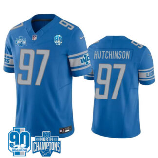 Men's Detroit Lions #97 Aidan Hutchinson Blue 2023 90th Anniversary North Division Champions Patch Limited Stitched...
