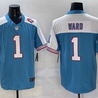 Men's Tennessee Titans #1 Cameron Ward Blue White 2025 Draft F.U.S.E. 1997 Throwback Patch Vapor Limited Stitched J...