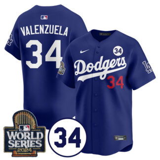 Men's Los Angeles Dodgers #34 Toro Valenzuela Royal 2024 World Series With No. 34 Patch Cool Base Stitched Baseball...
