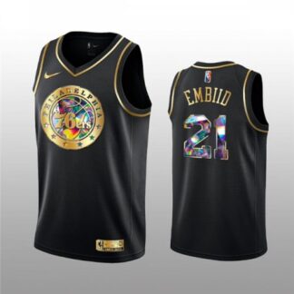 Men's Philadelphia 76ers #21 Joel Embiid 2021/22 Black Golden Edition 75th Anniversary Diamond Logo Stitched Basket...