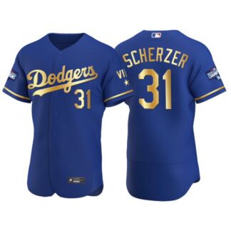 Los Angeles Los Angeles Dodgers #31 Max Scherzer Men’s Nike Authentic 2021 Gold Program World Series Champions MLB...