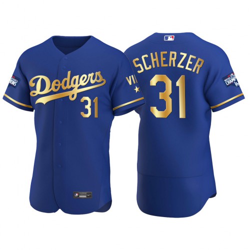 Los Angeles Los Angeles Dodgers #31 Max Scherzer Men’s Nike Authentic 2021 Gold Program World Series Champions MLB...