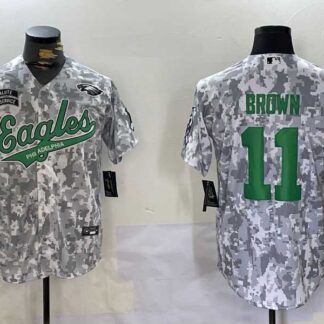 Men's Philadelphia Eagles #11 AJ Brown Arctic Camo 2024 Salute to Service Stitched Baseball Jersey