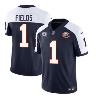 Men's Chicago Bears #1 Justin Fields Navy White 2023 F.U.S.E. With 1-star C PatchThrowback Limited Football Stitche...