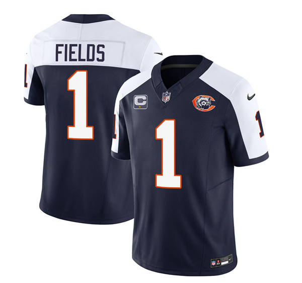 Men's Chicago Bears #1 Justin Fields Navy White 2023 F.U.S.E. With 1-star C PatchThrowback Limited Football Stitche...