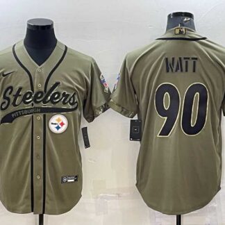Men's Pittsburgh Steelers #90 TJ Watt Olive 2022 Salute to Service Cool Base Stitched Baseball Jersey